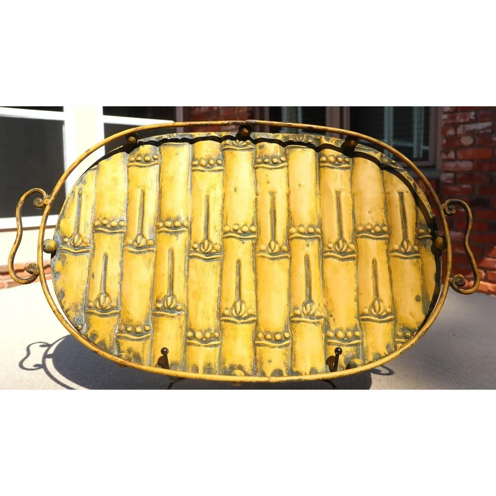 Vintage Bamboo Themed Tableware Metal Serving Tray and Ceramic Napkin Holder